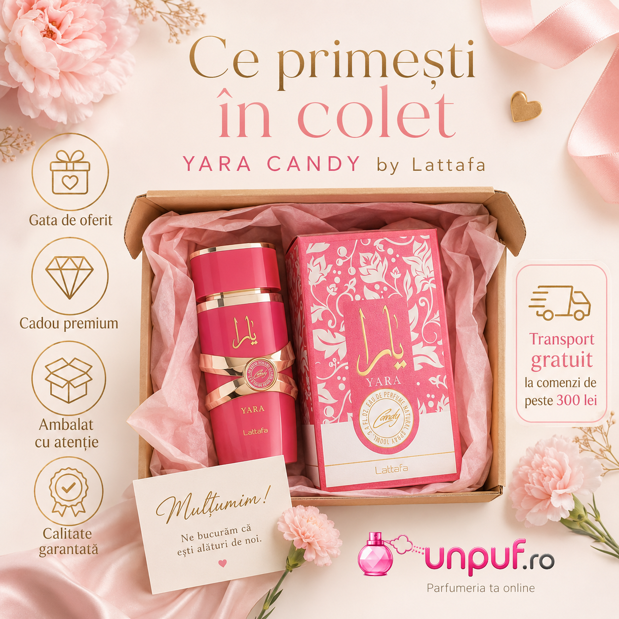 Ce primești &icirc;n colet Lattafa Yara Candy Eau de Parfum 100 ml, ambalat cu atenție, gata de oferit cadou